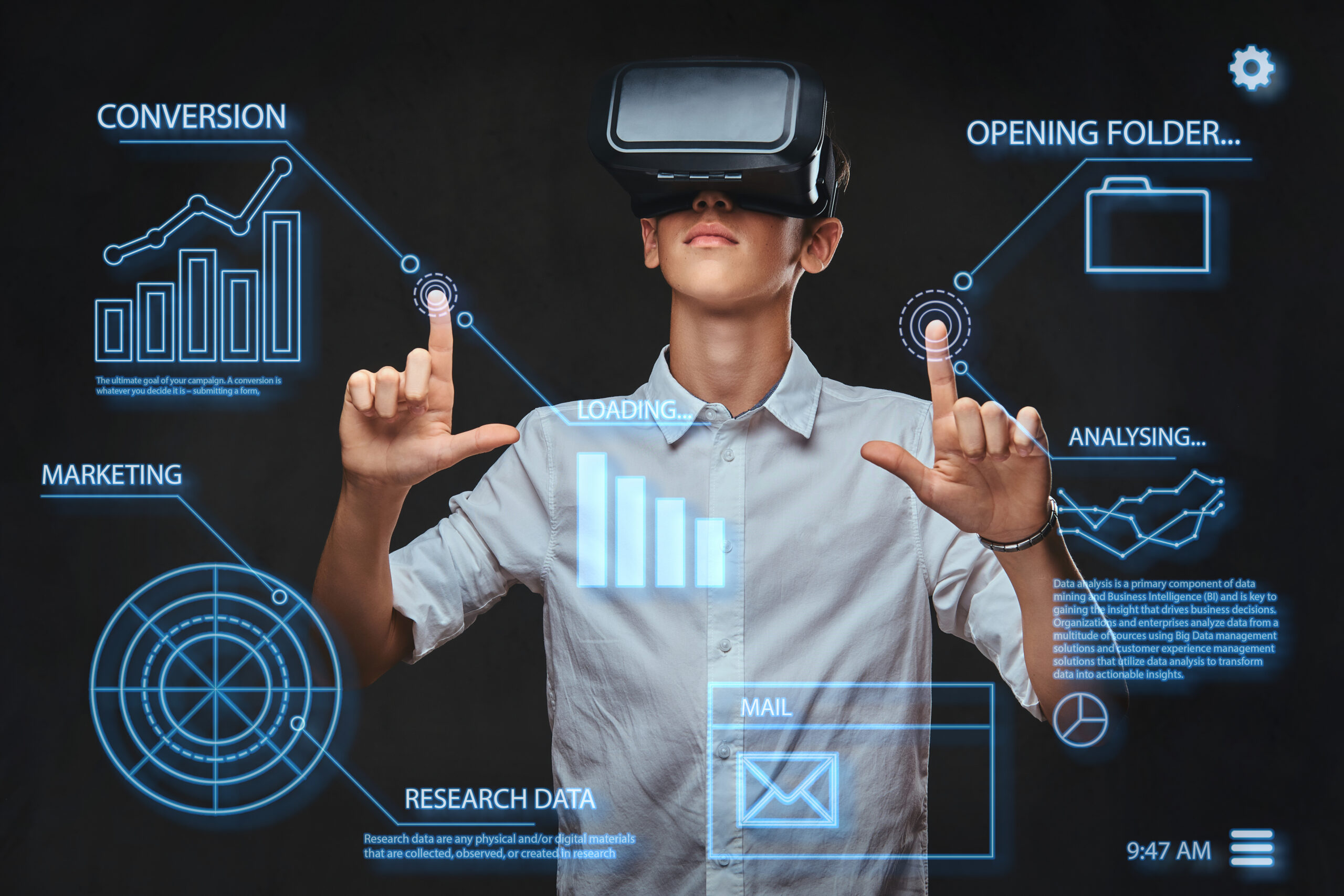 teenager dressed white t shirt using virtual reality glasses with graph charts numbers lines technology concept scaled